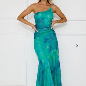 Chic One-Shoulder Teal and Navy Dress